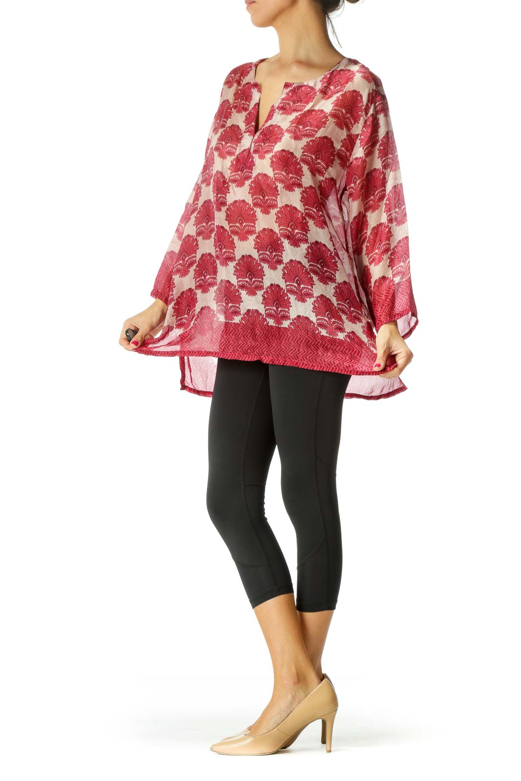 Red Sheer Printed 100% Silk Blouse