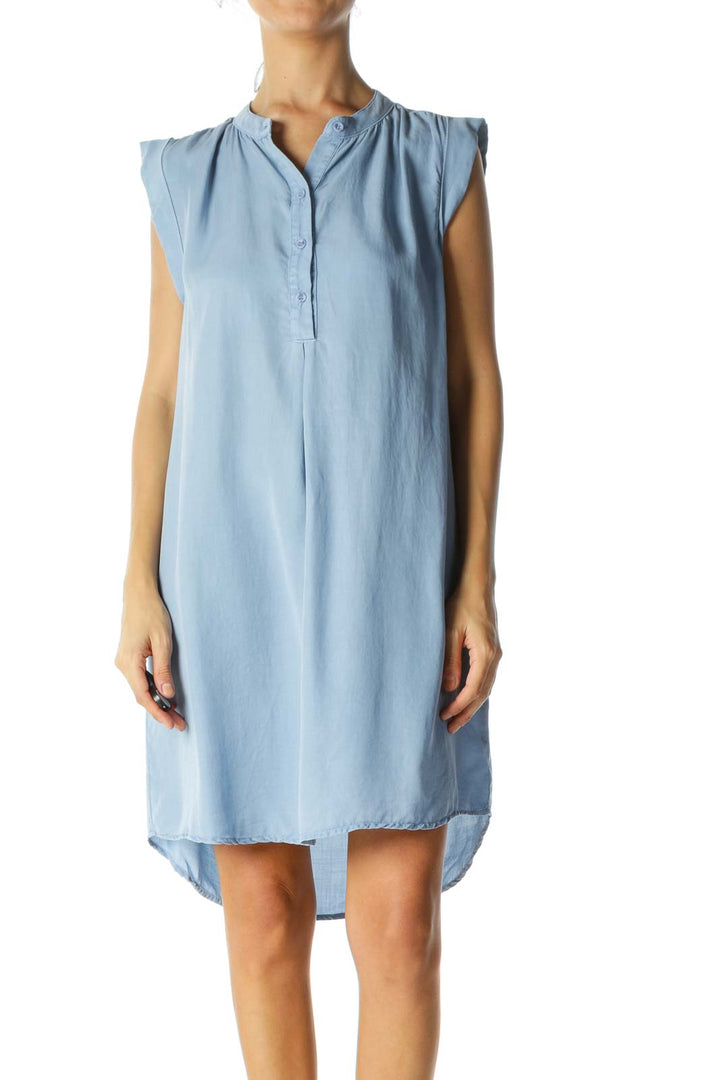 Light Blue Buttoned Sleeveless Shirt Dress