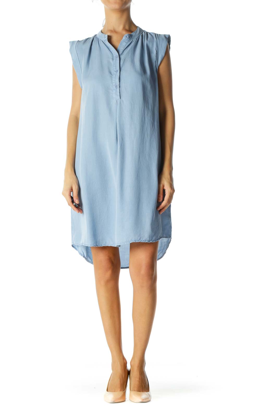 Light Blue Buttoned Sleeveless Shirt Dress