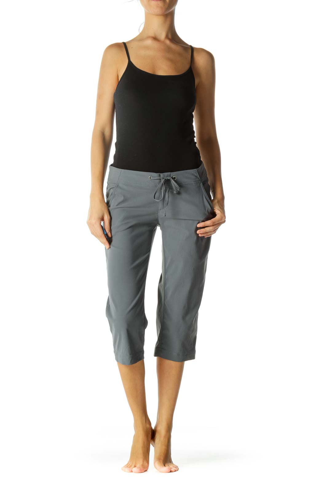 Gray Pocketed Drawstring Stretch Active Cropped Pants