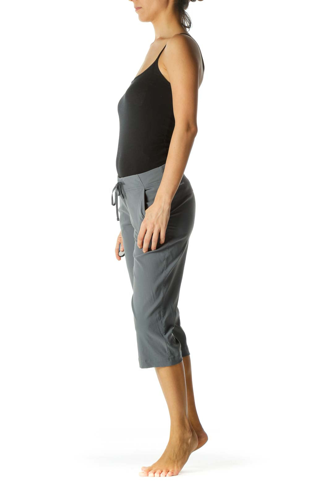 Gray Pocketed Drawstring Stretch Active Cropped Pants