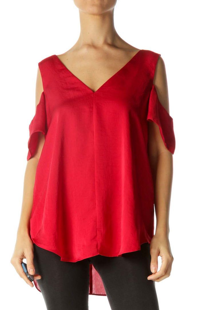 Red V-Neck Cold-Shoulder Blouse