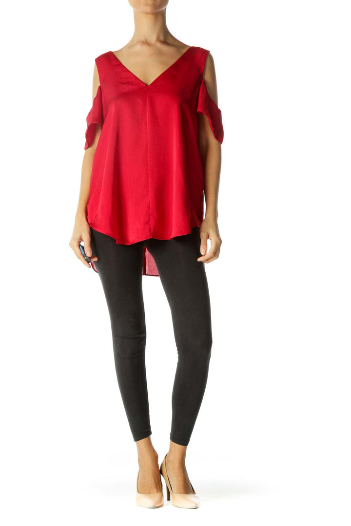 Red V-Neck Cold-Shoulder Blouse