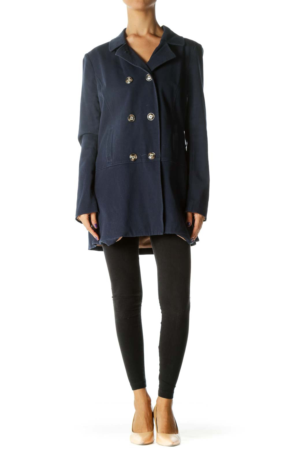 Navy Blue Double-Breasted Long Sleeve Coat (Missing Belt)