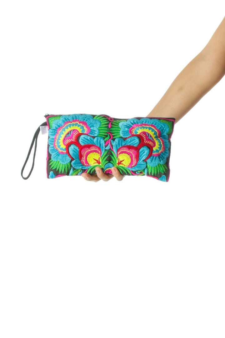 Black Multicolor Emroidered Floral Print Clutch