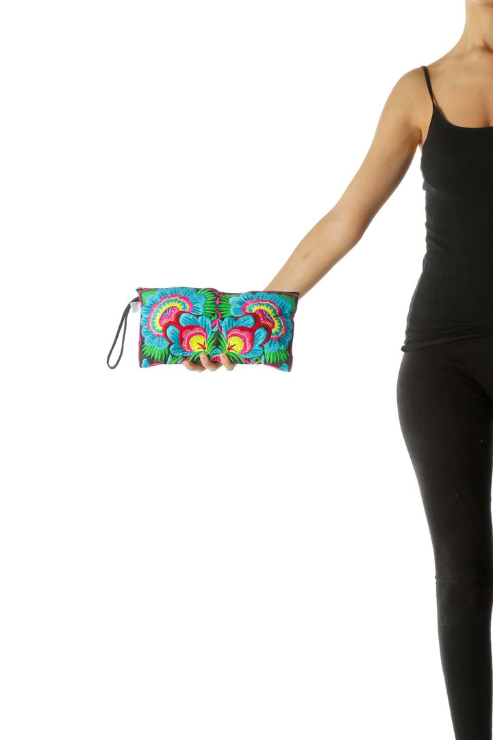 Black Multicolor Emroidered Floral Print Clutch