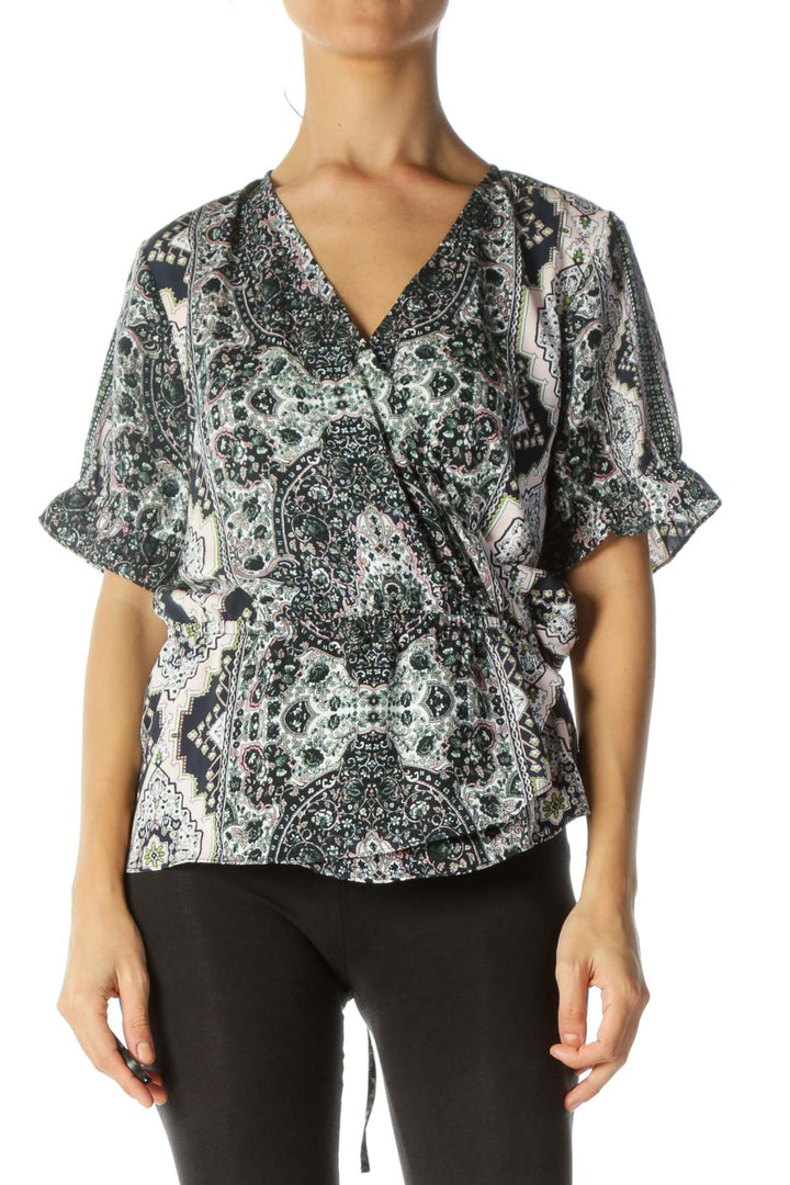 Multicolor Print Deep V-Neck Elastic Waist Blouse