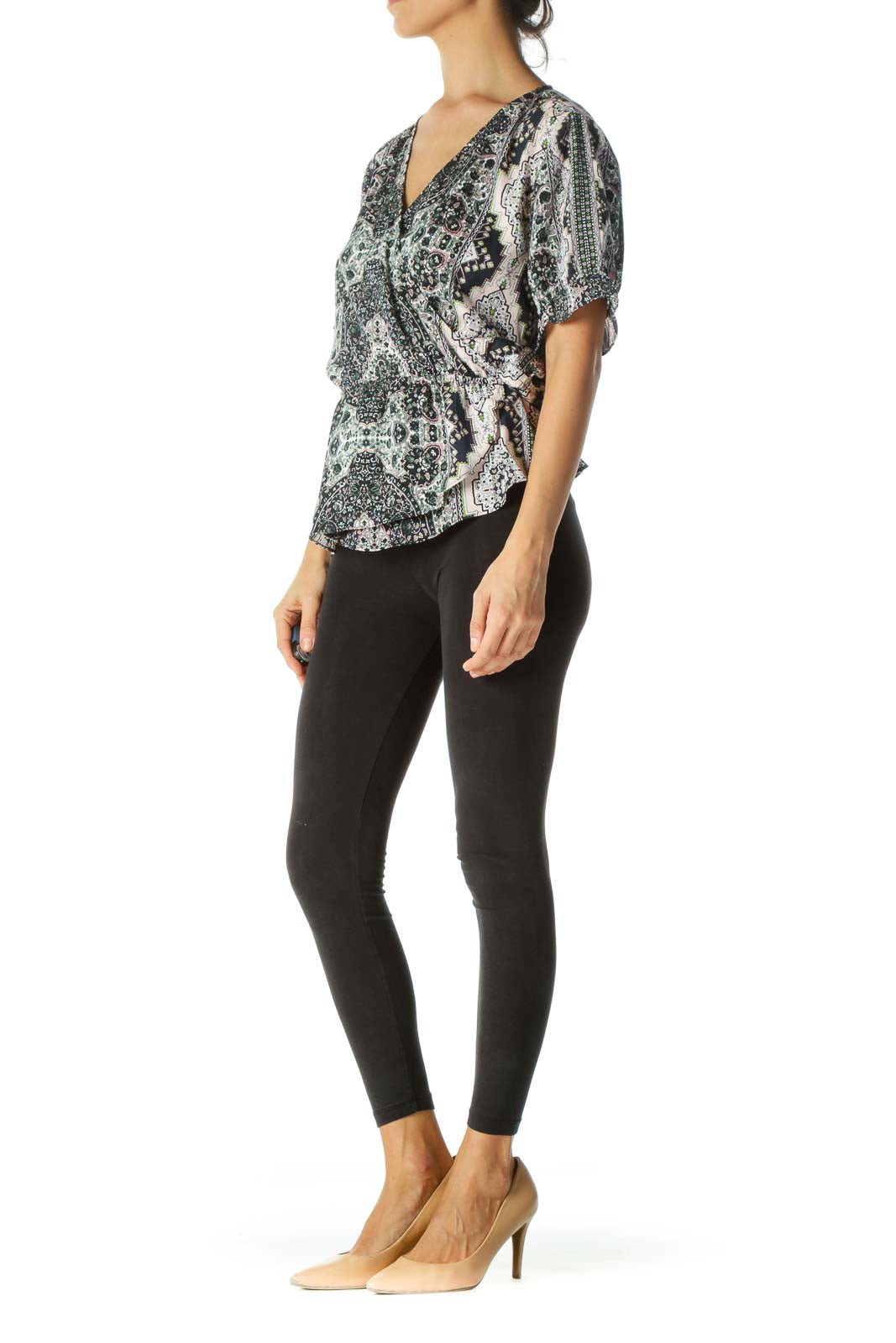 Multicolor Print Deep V-Neck Elastic Waist Blouse