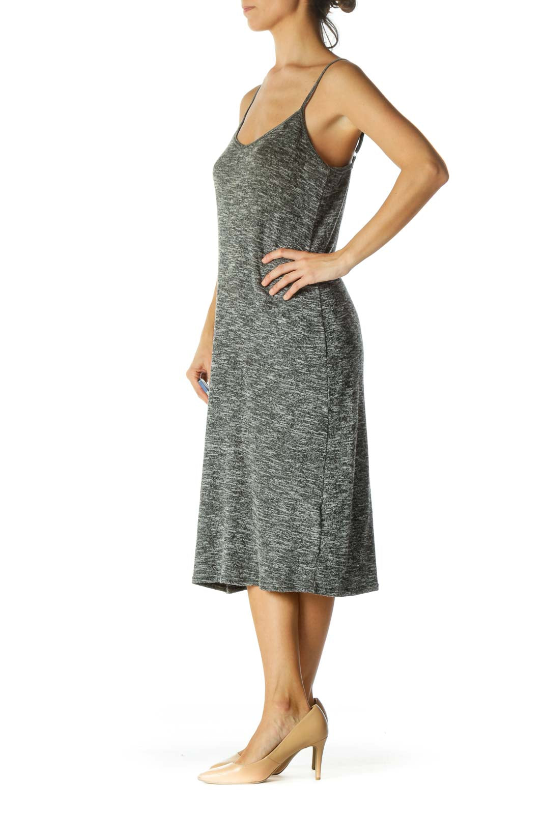 Heathered-Gray Spaghetti-Strap Midi Knit Dress