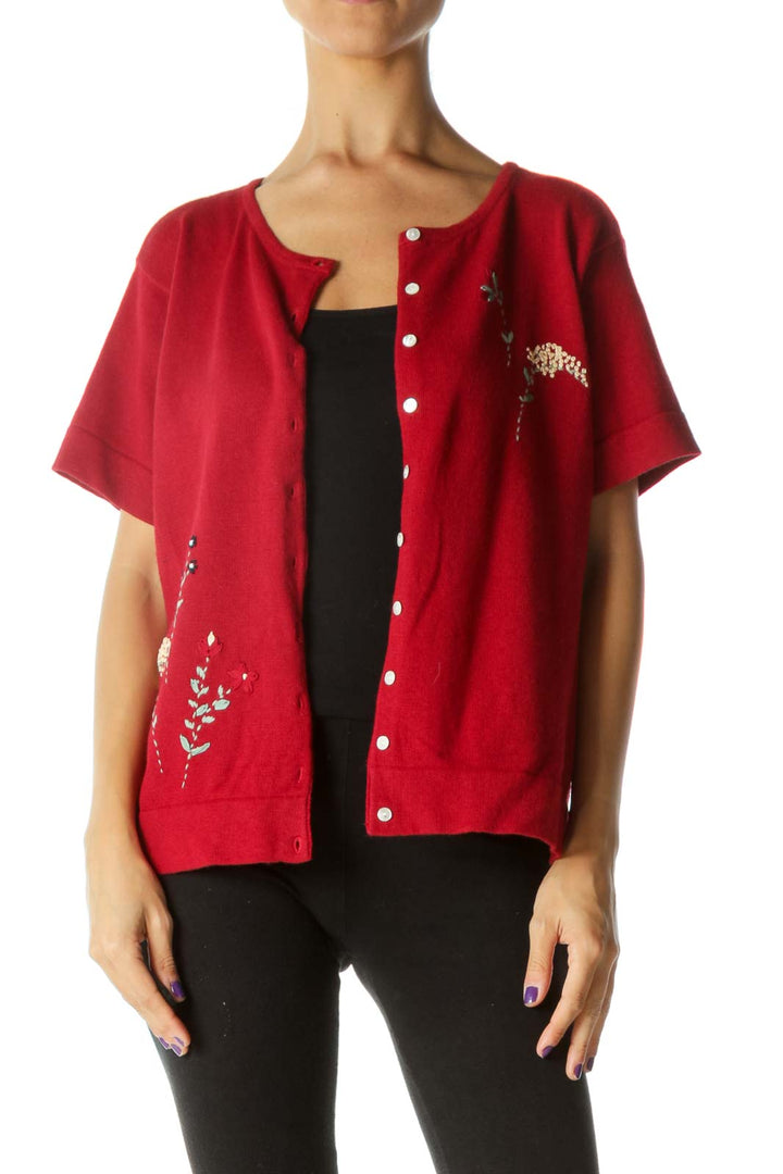 Red Embroidered Floral Short Cardigan