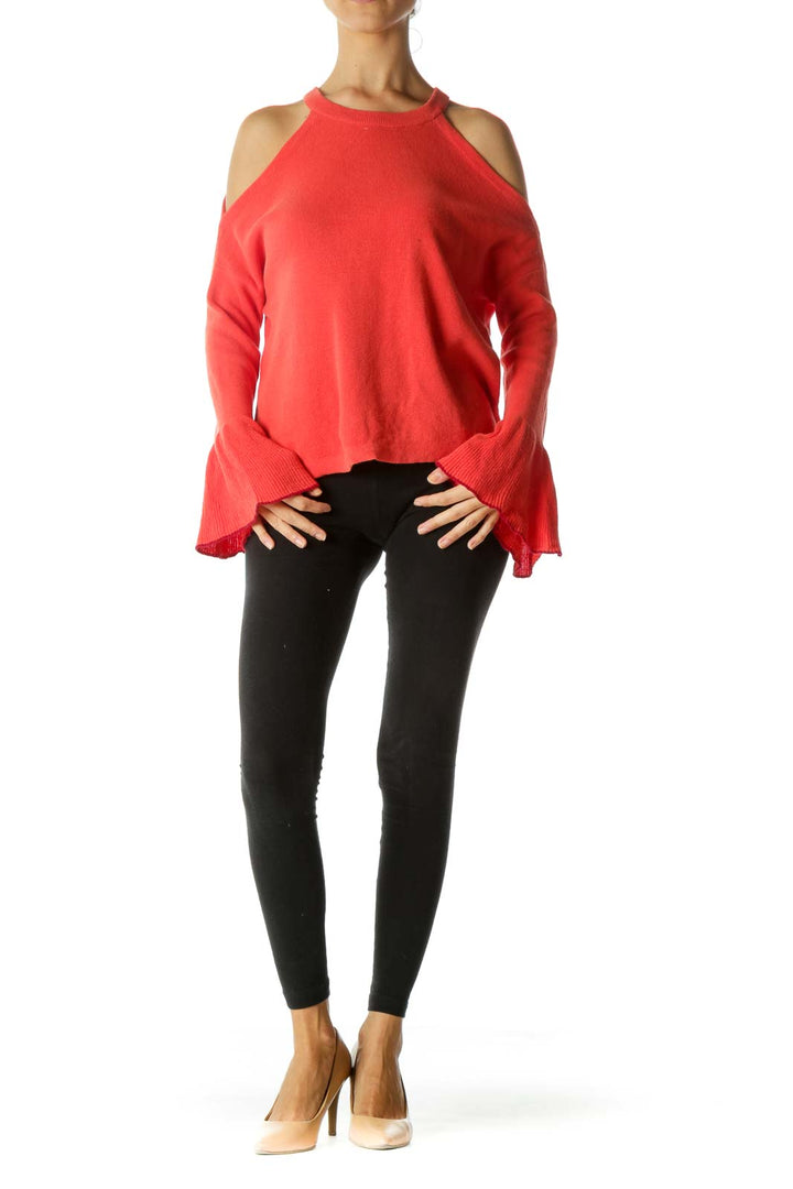 Coral Orange 100% Cotton Cold Shoulder Knit Sweater