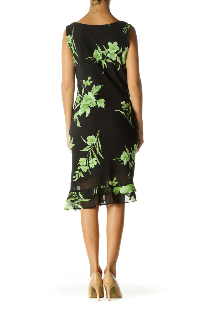 Black Green Floral A-line Dress