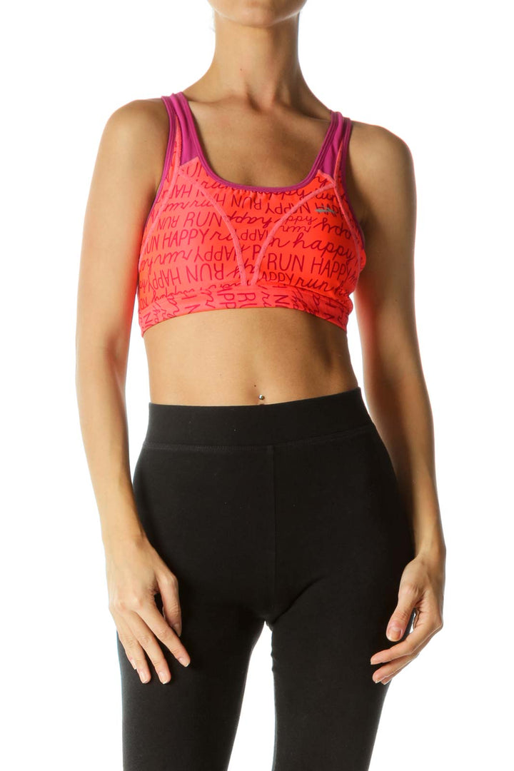 Magenta Pink Bright Orange Graphic Mesh Detail Sports Bra