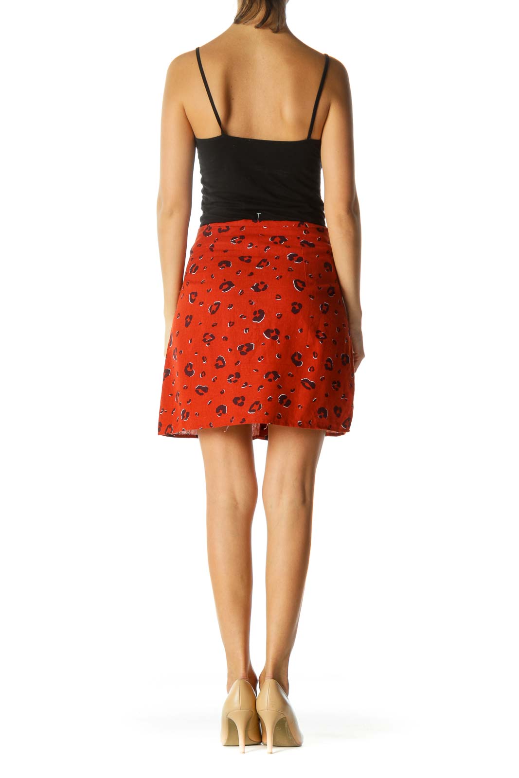 Brick Orange Black Animal Print Buttoned Thin A-Line Skirt