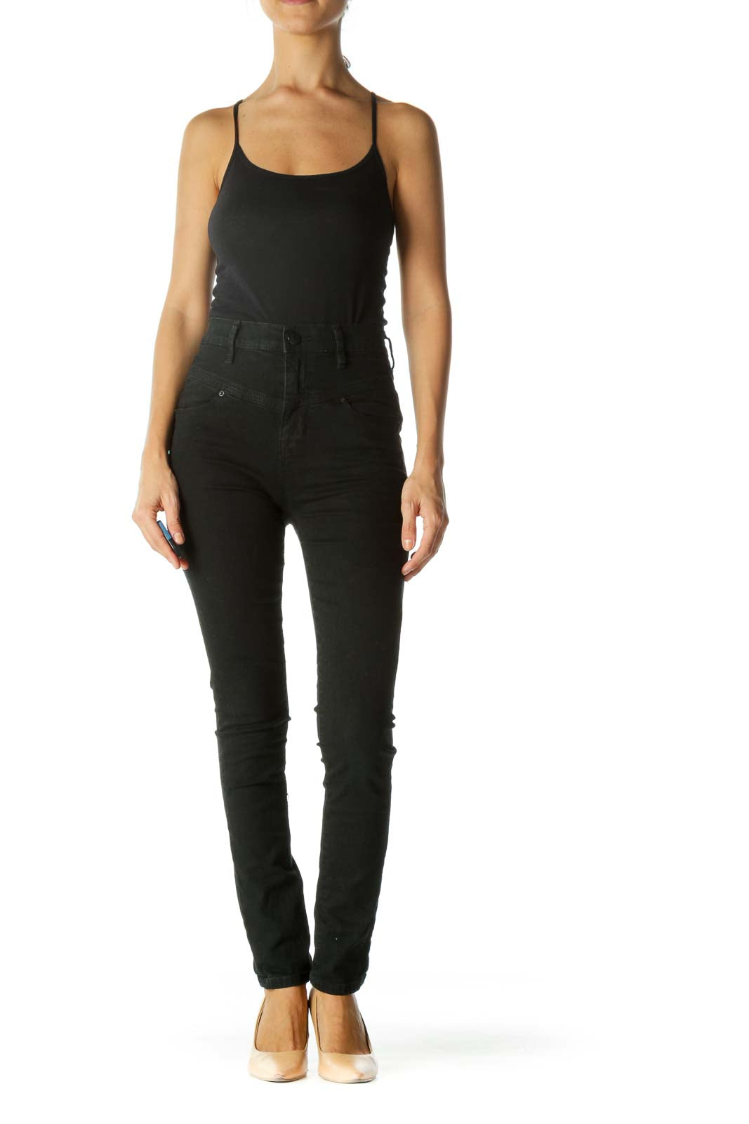 Faded Black High Waist Front Unique Design Slim Pants