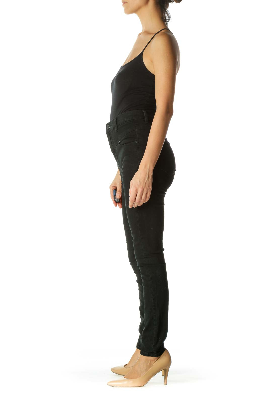 Faded Black High Waist Front Unique Design Slim Pants