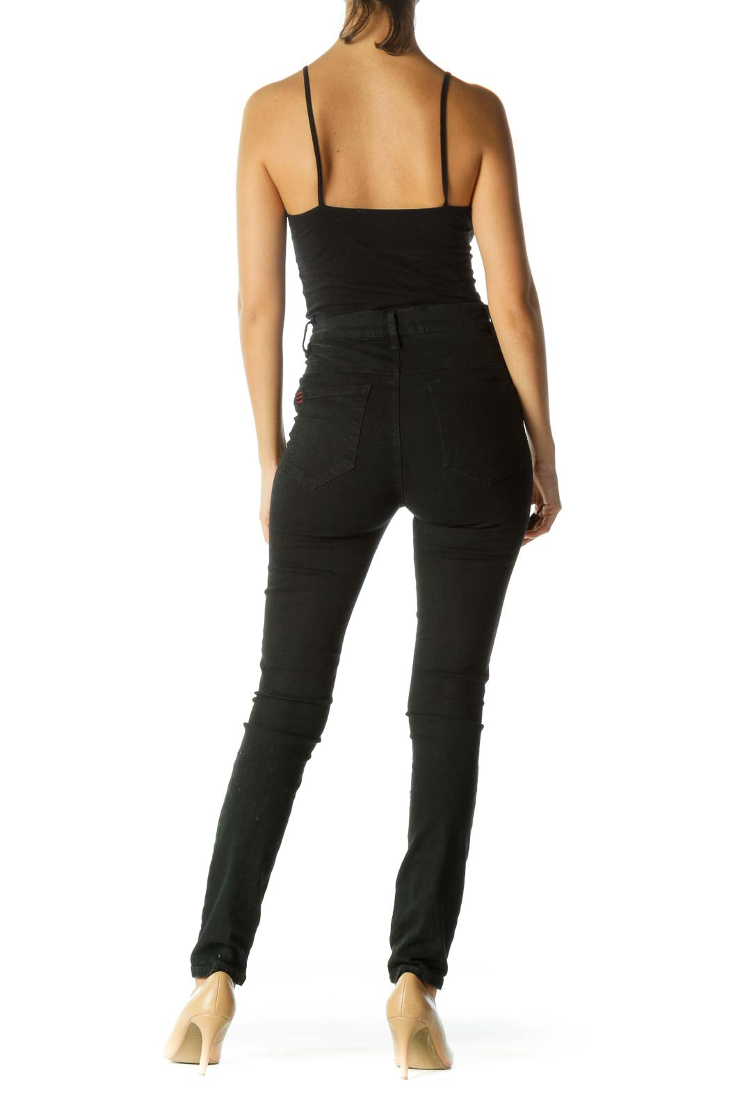 Faded Black High Waist Front Unique Design Slim Pants