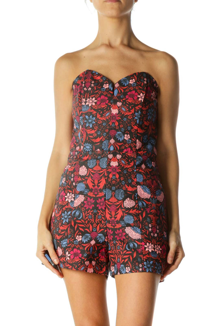 Red Multi Floral Heart Neck Romper