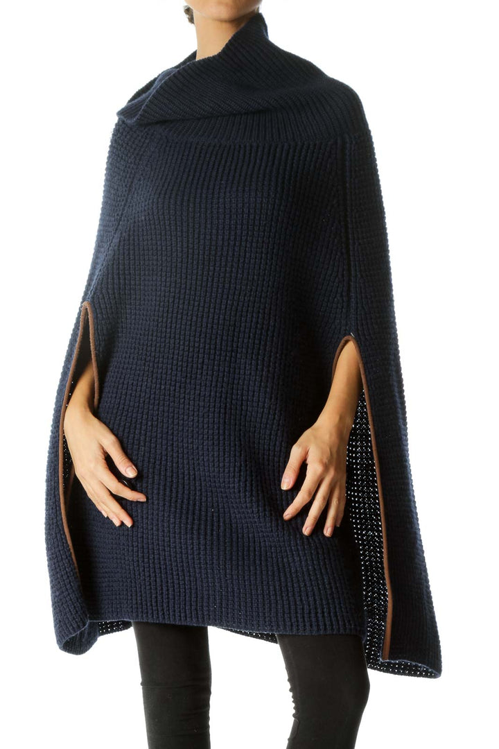 Navy Blue Brown Turtle Neck Knit Open Poncho