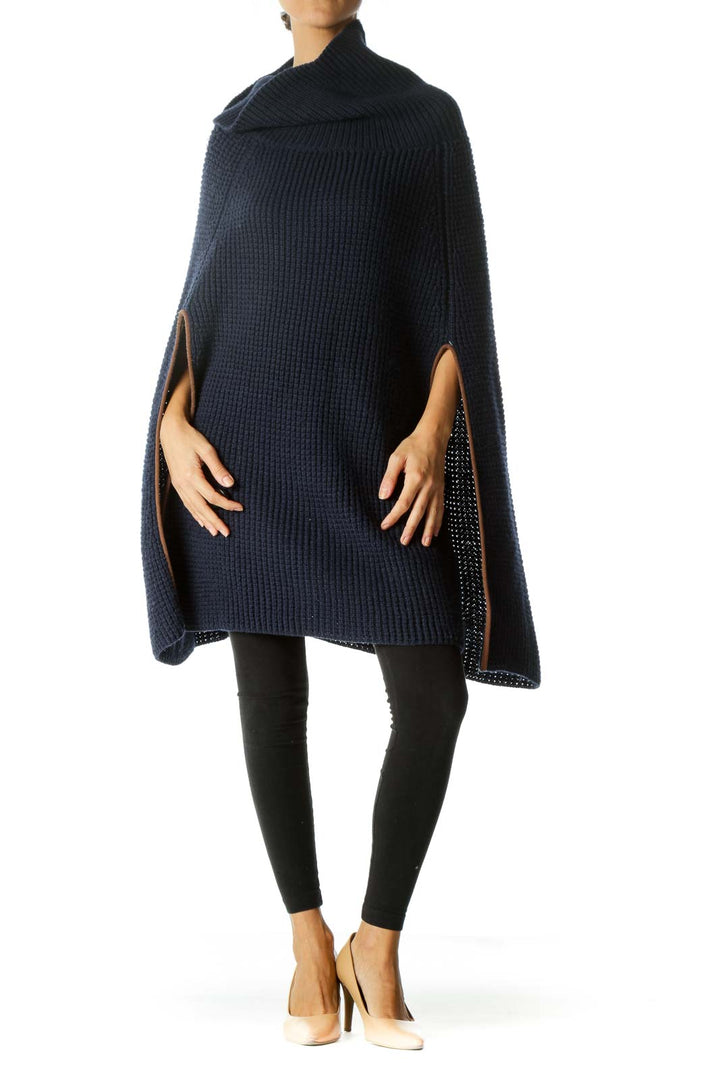 Navy Blue Brown Turtle Neck Knit Open Poncho