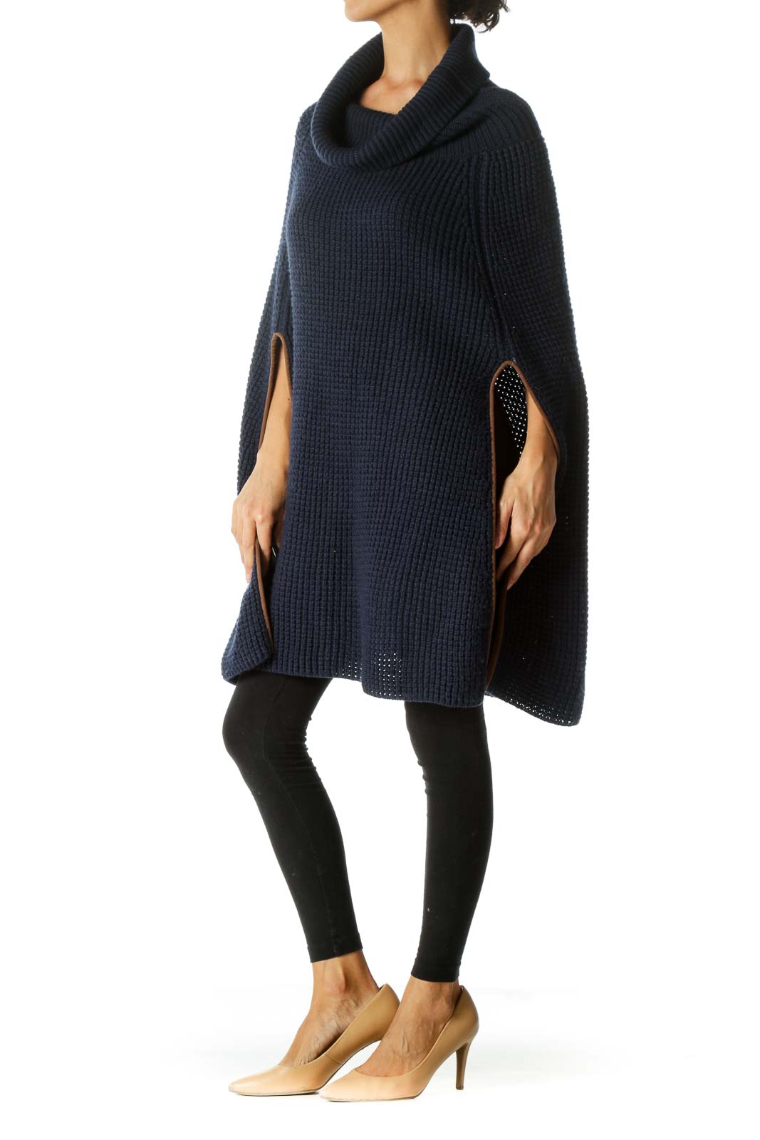 Navy Blue Brown Turtle Neck Knit Open Poncho