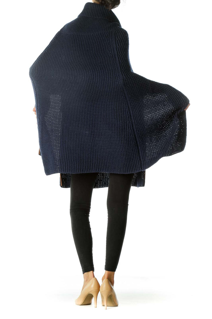 Navy Blue Brown Turtle Neck Knit Open Poncho