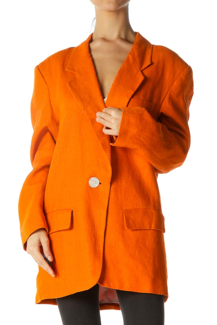 Orange Linen Padded Shoulders Lapel Pocketed Long Blazer