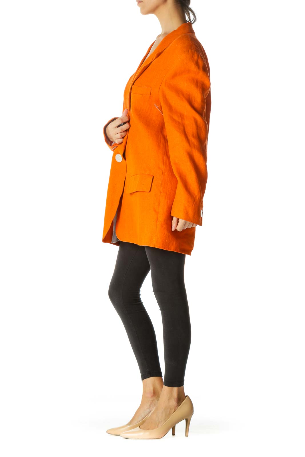 Orange Linen Padded Shoulders Lapel Pocketed Long Blazer