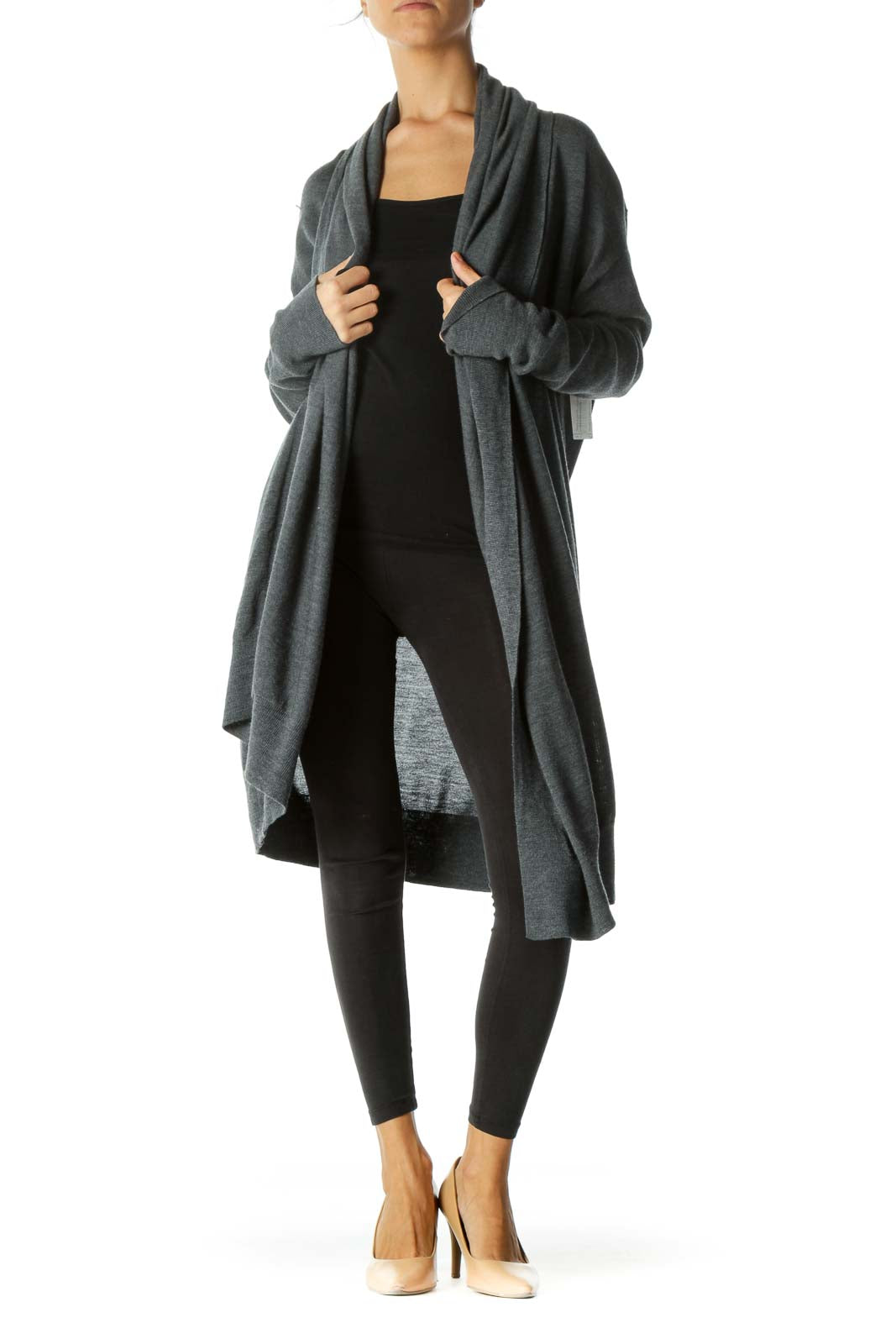 Gray Draped Mid-Length Cardigan