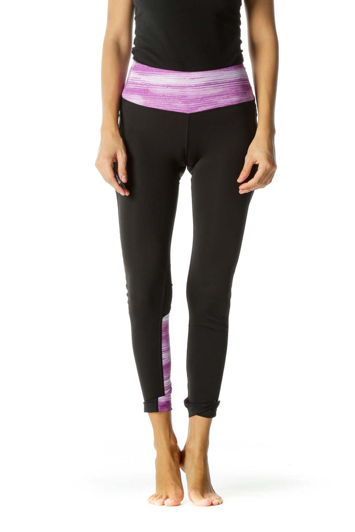 Black White Purple Abstract Print Lower Leg Mesh Detail Active Leggings