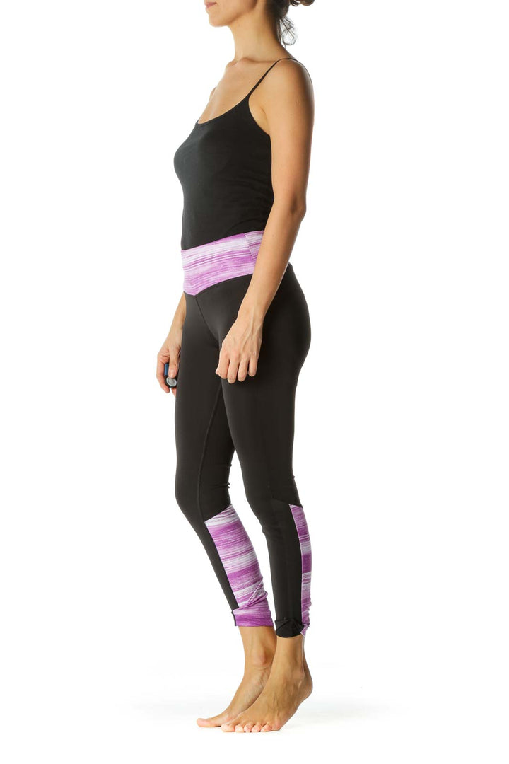 Black White Purple Abstract Print Lower Leg Mesh Detail Active Leggings