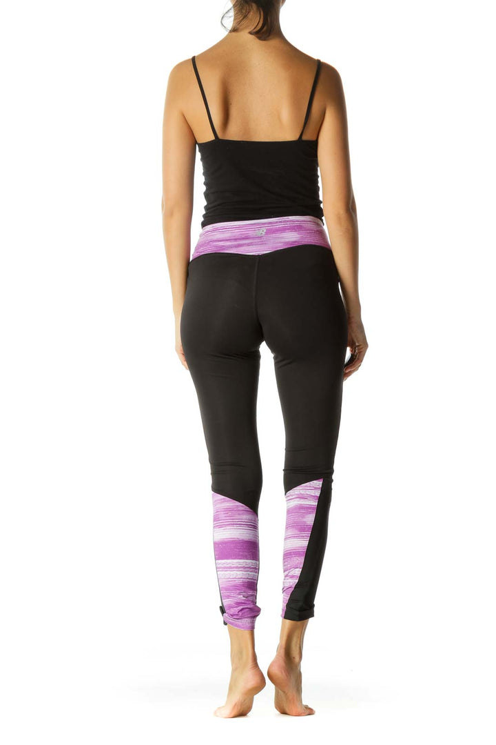 Black White Purple Abstract Print Lower Leg Mesh Detail Active Leggings