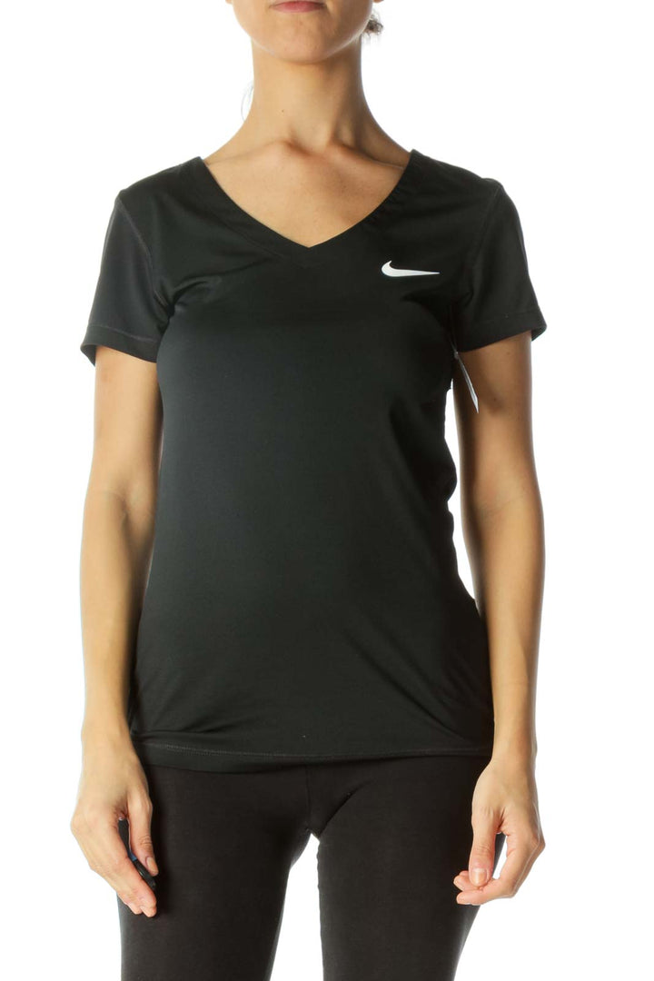 Black V-Neck Short-Sleeve Sports Top with Logo