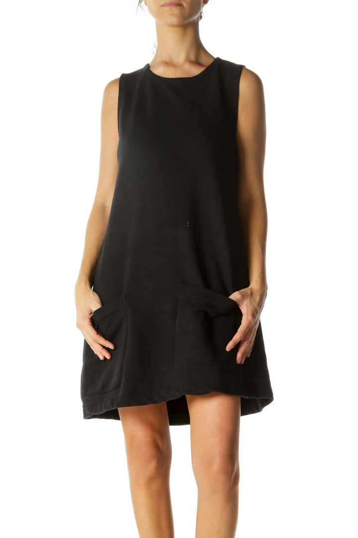 Black Cotton Pocketed Slim Dress