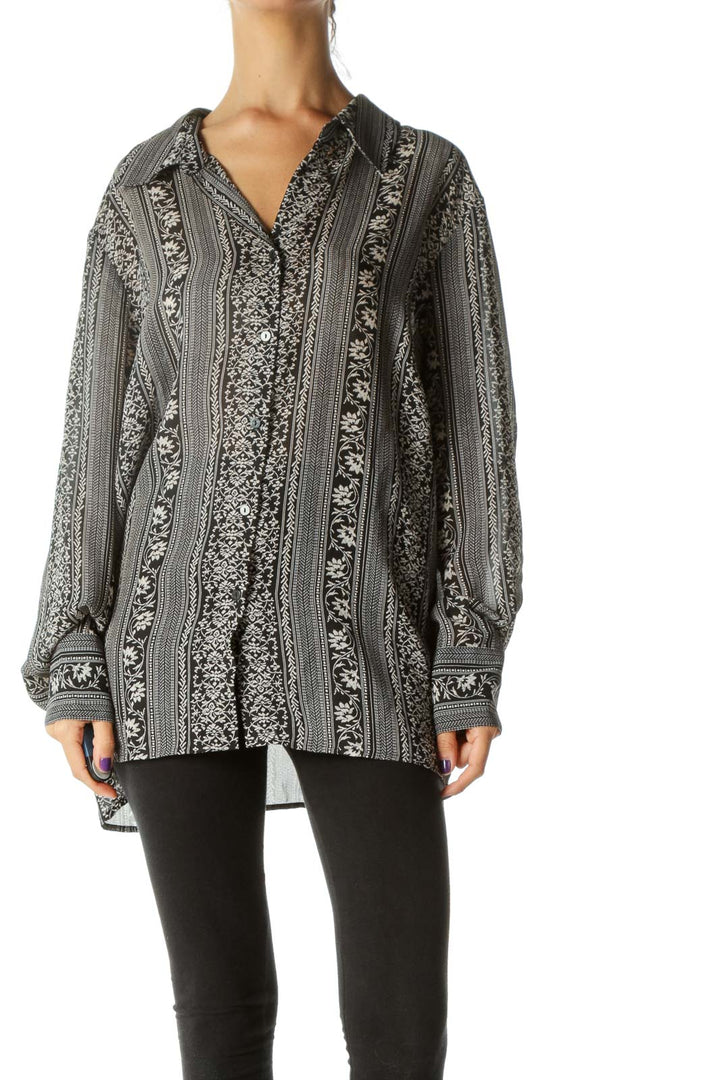 Black White Floral Print Textured Buttoned Shirt