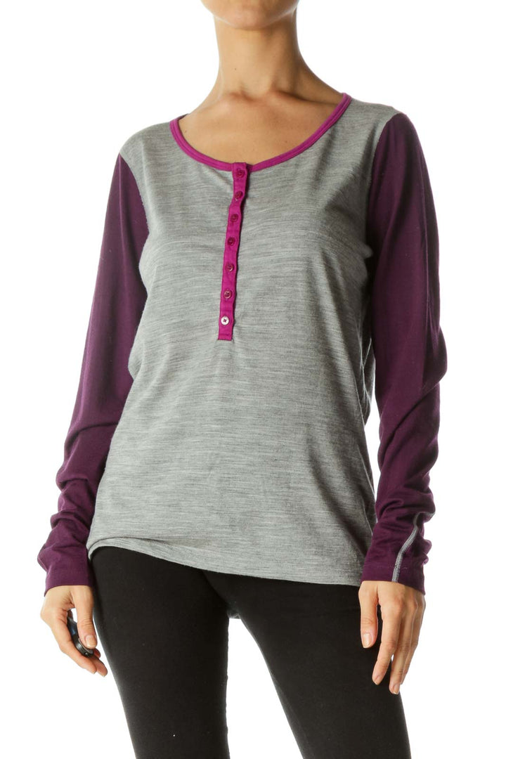 Gray Purple 100% Wool Round Neck Long Sleeve Active Top