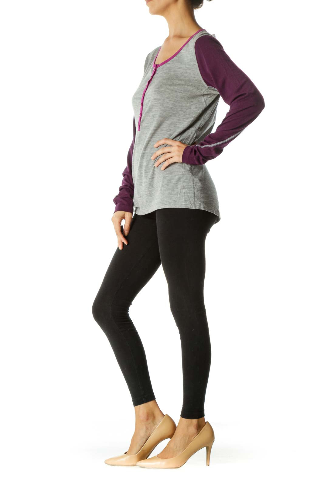 Gray Purple 100% Wool Round Neck Long Sleeve Active Top