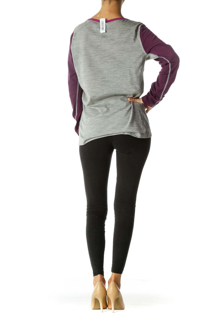 Gray Purple 100% Wool Round Neck Long Sleeve Active Top