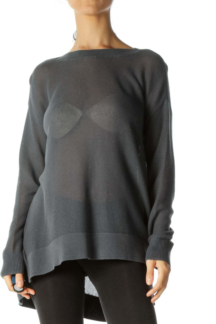 Gray Round Neck Soft See-Through Long Sleeve Knit Top