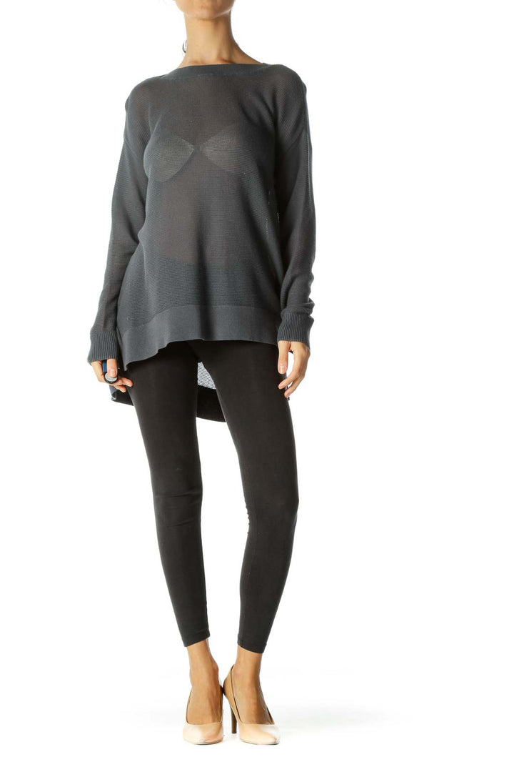 Gray Round Neck Soft See-Through Long Sleeve Knit Top