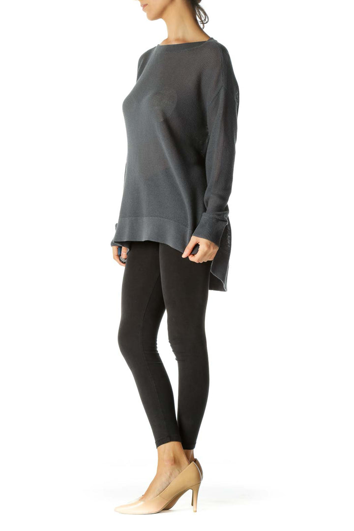 Gray Round Neck Soft See-Through Long Sleeve Knit Top