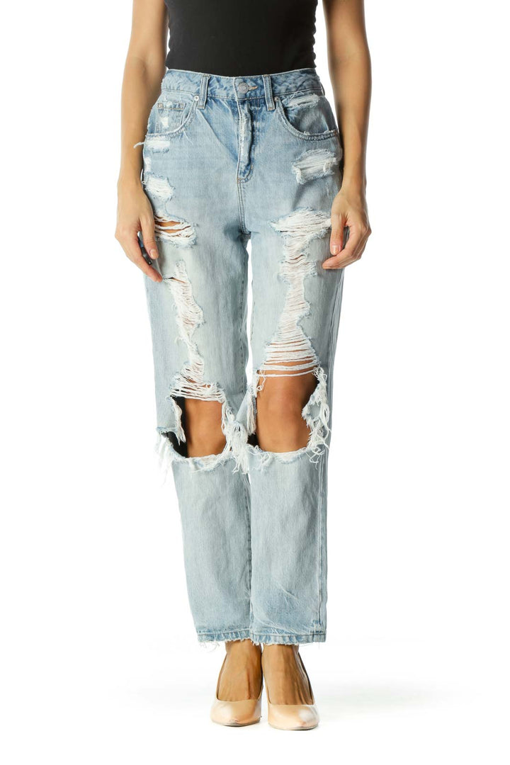 Blue Light-Wash Distressed Denim Mom Jean