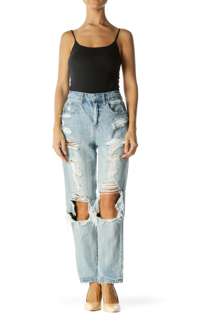 Blue Light-Wash Distressed Denim Mom Jean