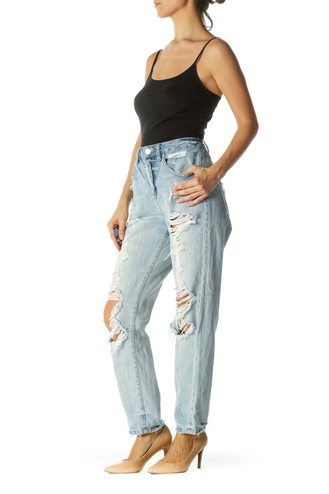 Blue Light-Wash Distressed Denim Mom Jean