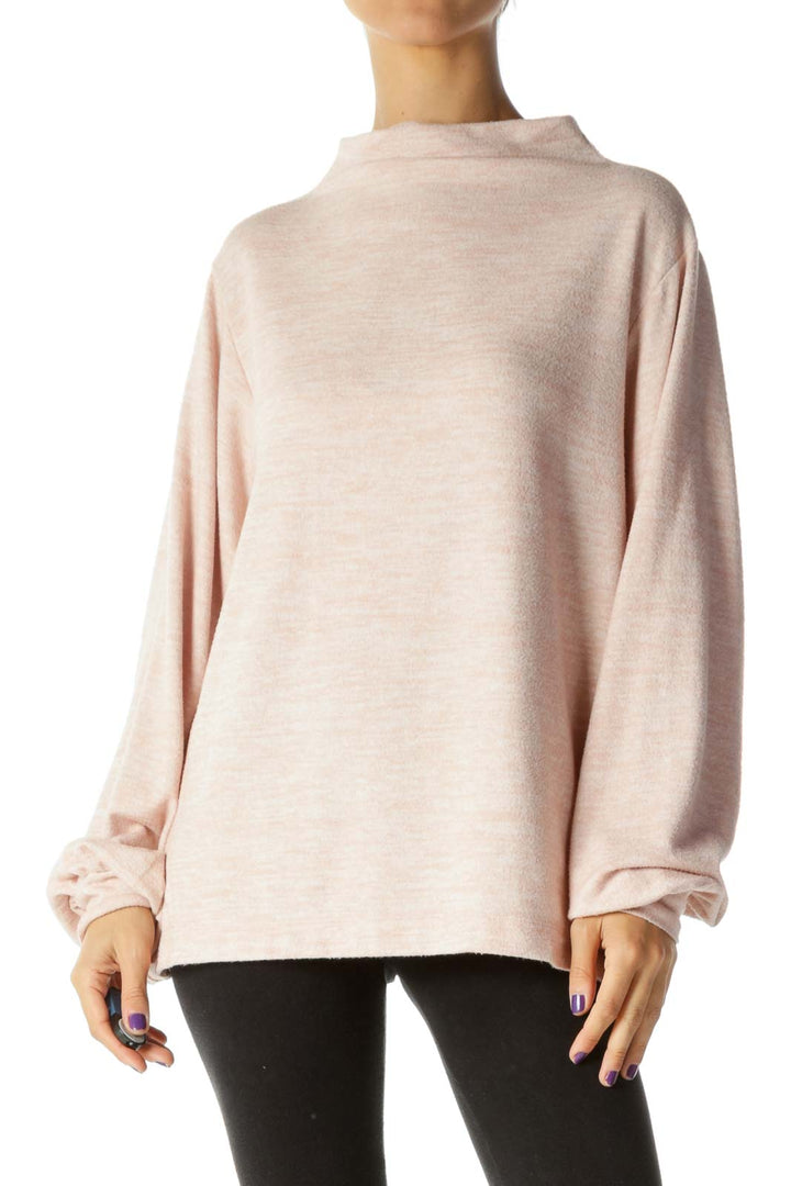 Pink Mottled High Neck Banded Sleeves Sweater