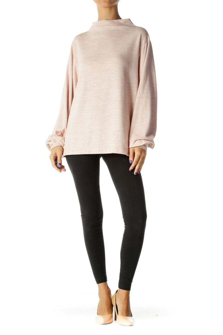 Pink Mottled High Neck Banded Sleeves Sweater