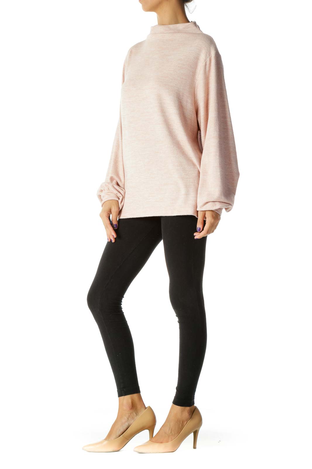 Pink Mottled High Neck Banded Sleeves Sweater