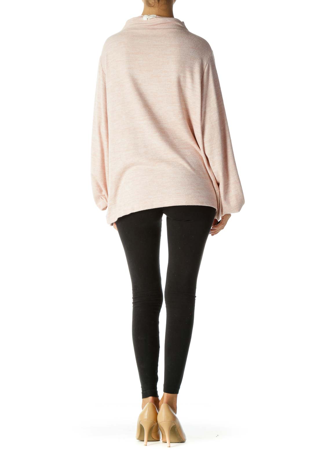 Pink Mottled High Neck Banded Sleeves Sweater