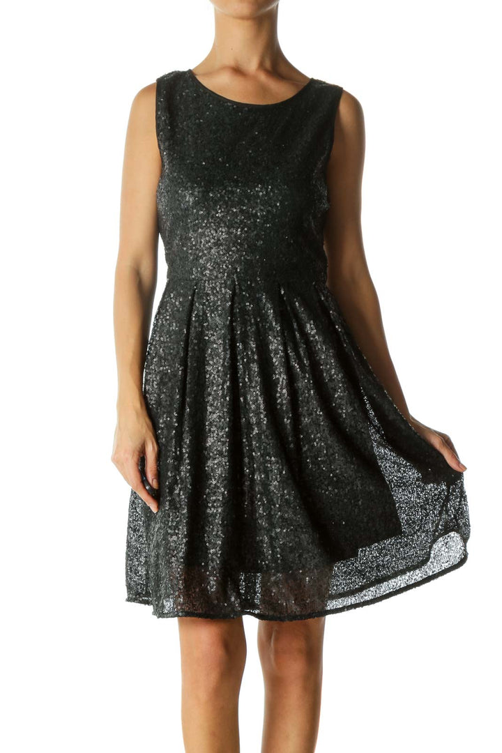 Black Matt Sequined Pleated Dress