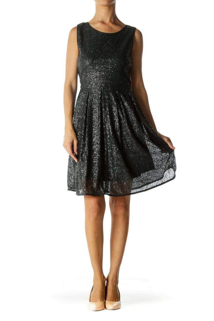 Black Matt Sequined Pleated Dress